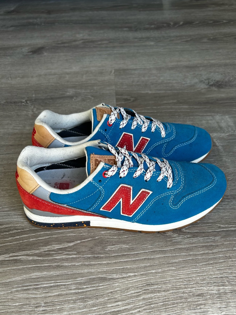 New Balance 996 Mens Running Blue Suede Sneakers with Red Logo and Tan Accents